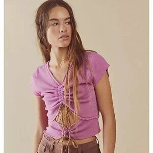 Free People Hot Mesh Tee Cropped Blouse Top Ruched Cutout Cotton S New 256153